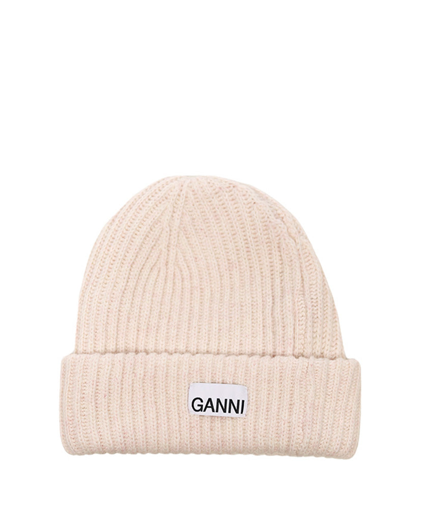 GANNI Wool Rib Knit Beanie Sand