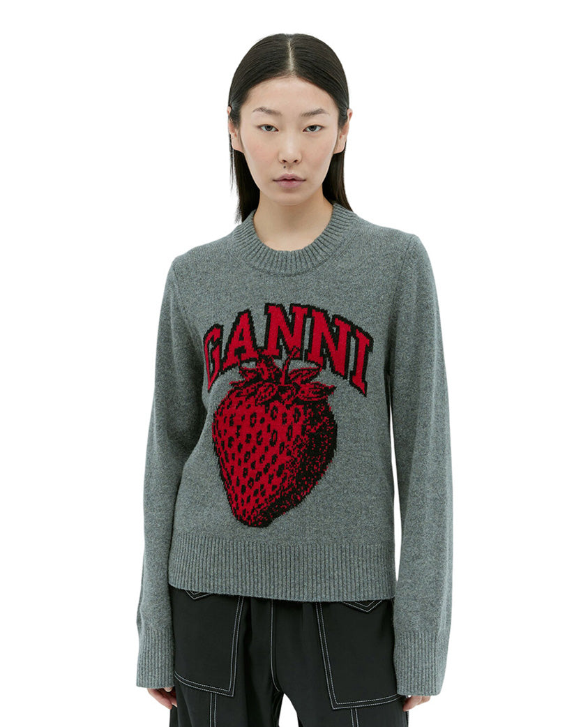 GANNI Graphic Strawberry O-neck Pullover Frost Gray