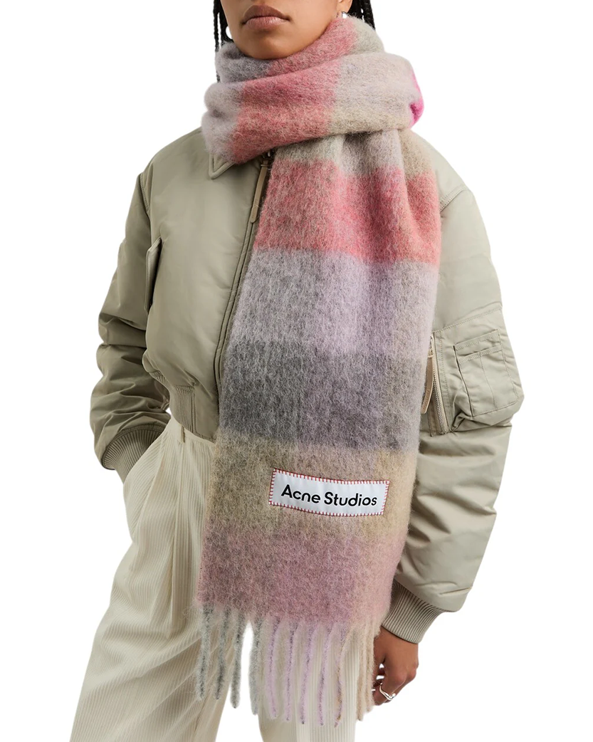 Acne Studios Checked Wool Fringe Scarf Fuchsia/Lilac/Pink