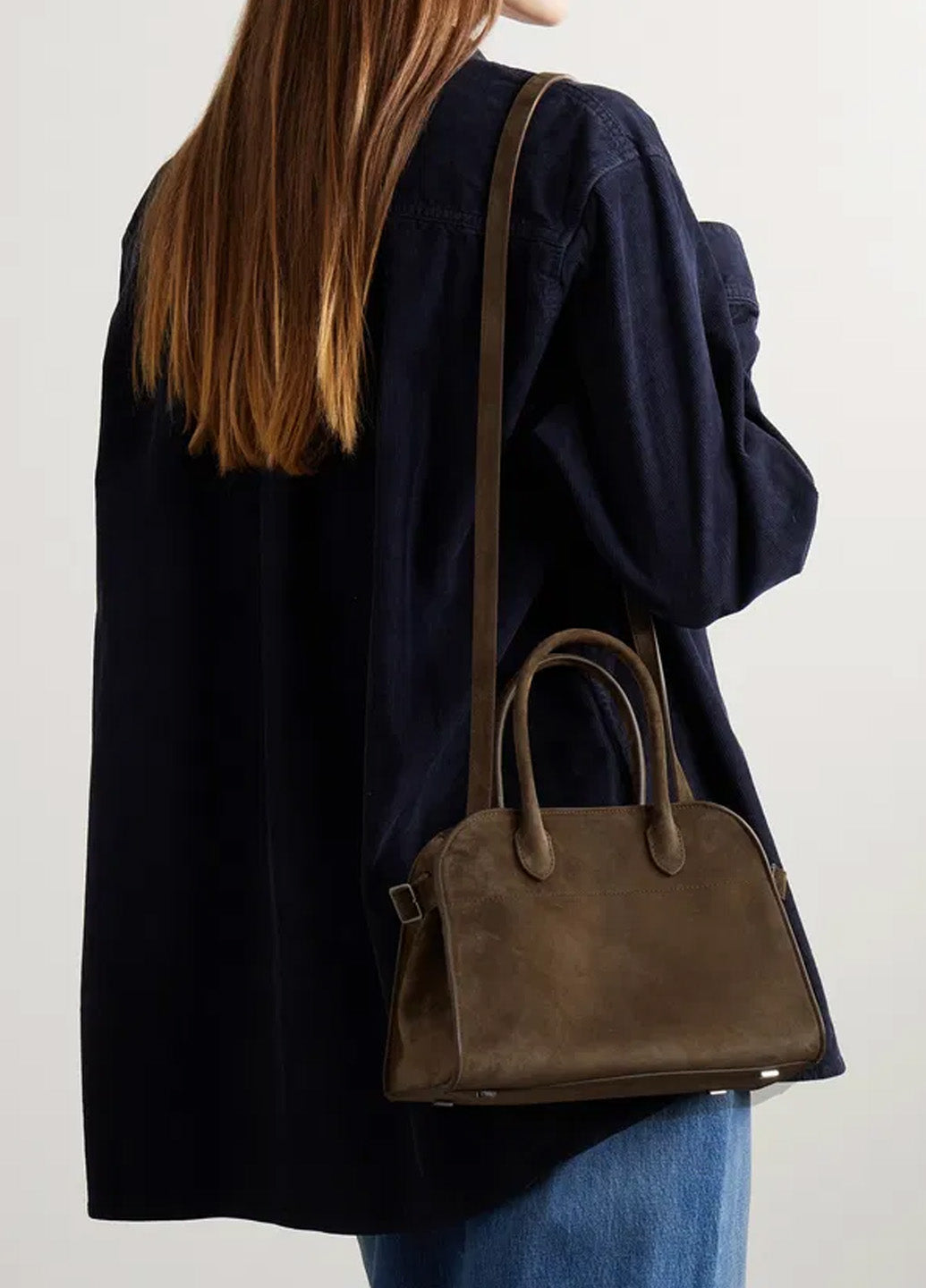 The Row Soft Margaux 10 Bag in Suede Mocha SSTORIES