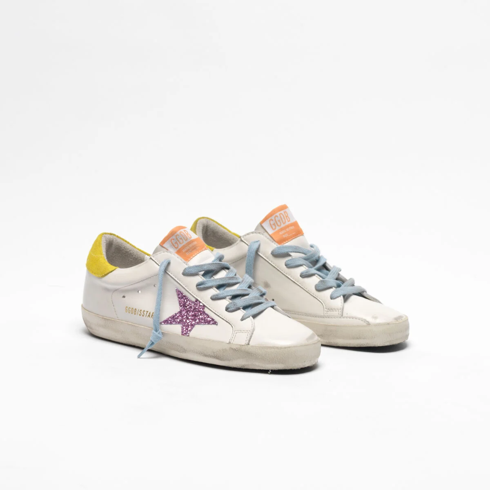 Golden Goose Superstar Sneakers With Pink Glittery Star and Yellow