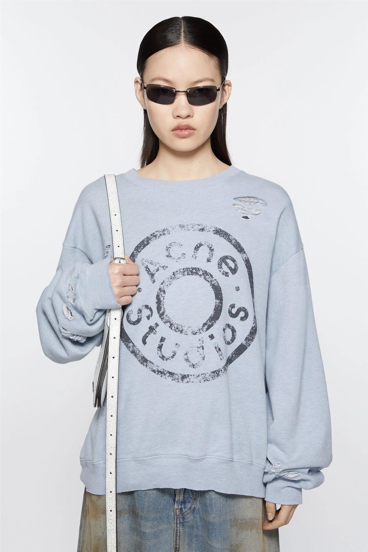 Acne Studios Distressed Logo Print Sweatshirt Blue Melange