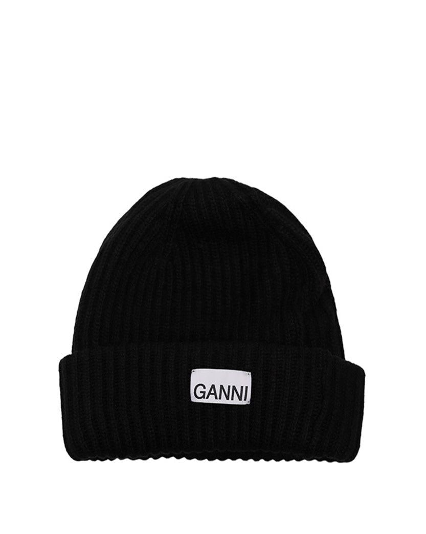 GANNI Wool Rib Knit Beanie Black