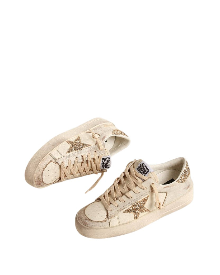Golden Goose Stardan in Ecru Nappa Leather with Gold Glitter Star