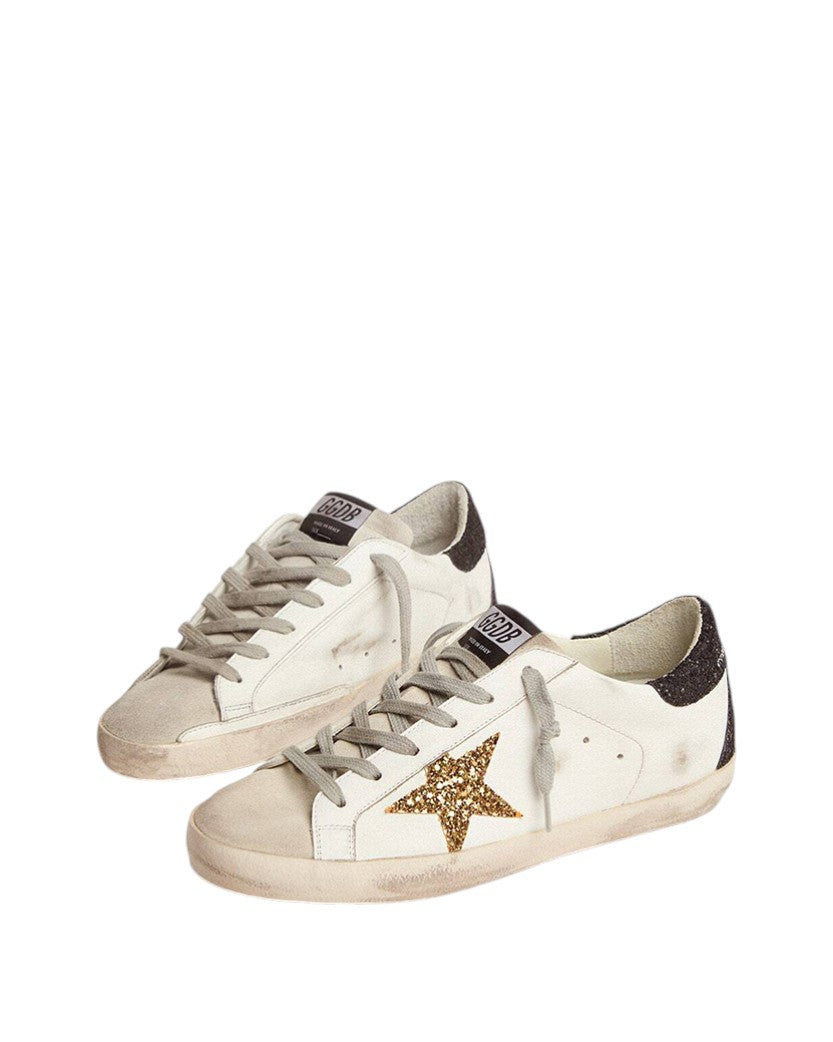 Golden Goose Super-Star with Gold Glitter Star and Black Glitter Heel Tab