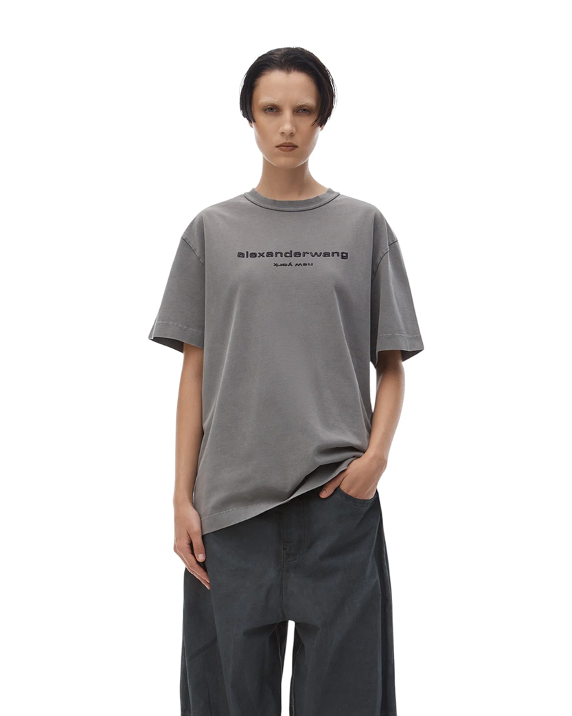 Alexander Wang Glitter Puff Logo Tee in Cotton Washed Granite
