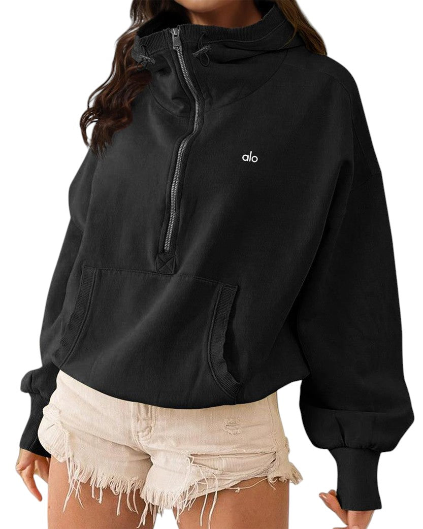 Alo Yoga Half Zip Crop Hoodie Black