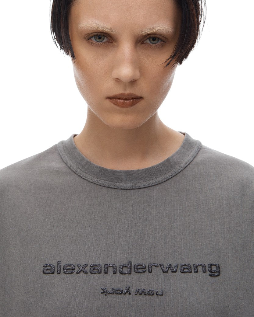 Alexander Wang Glitter Puff Logo Tee in Cotton Washed Granite