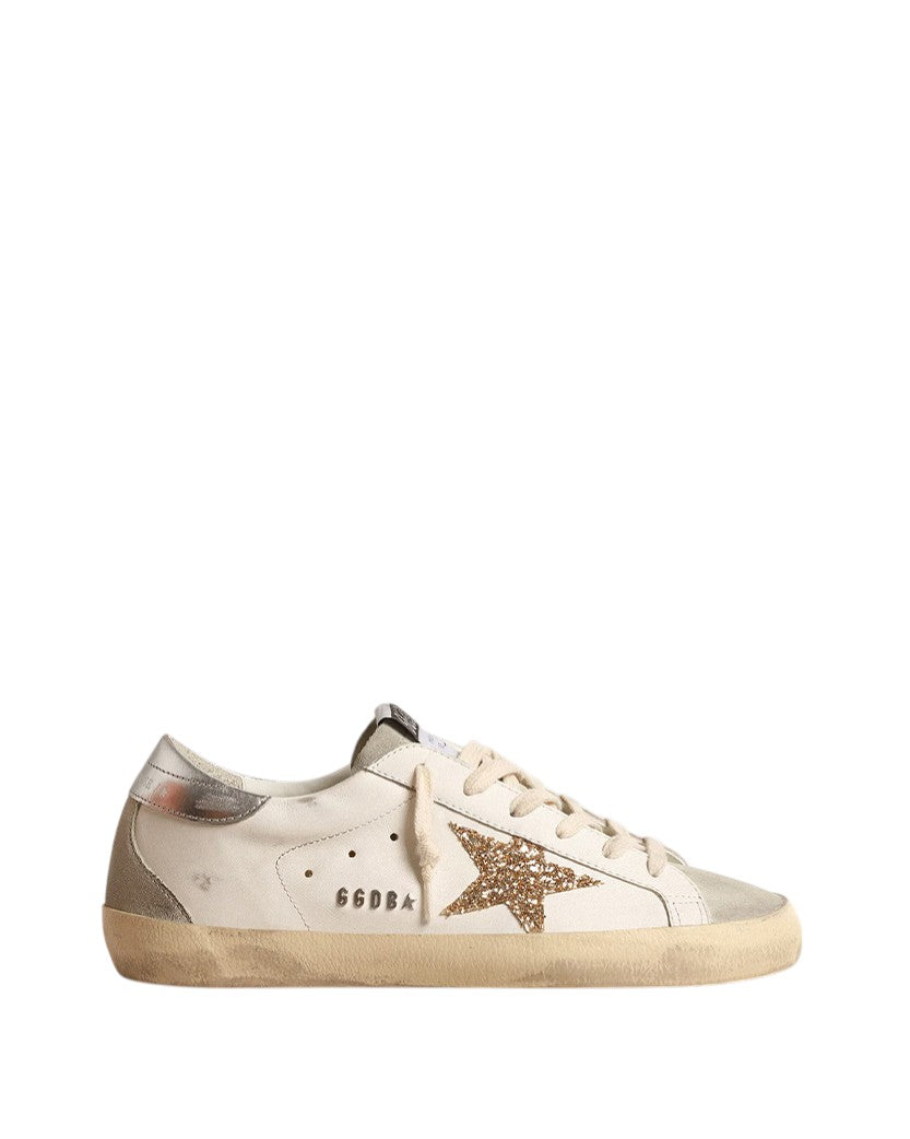 Golden Goose Super-Star with Gold Glitter Star and Ice-Gray Suede Inserts
