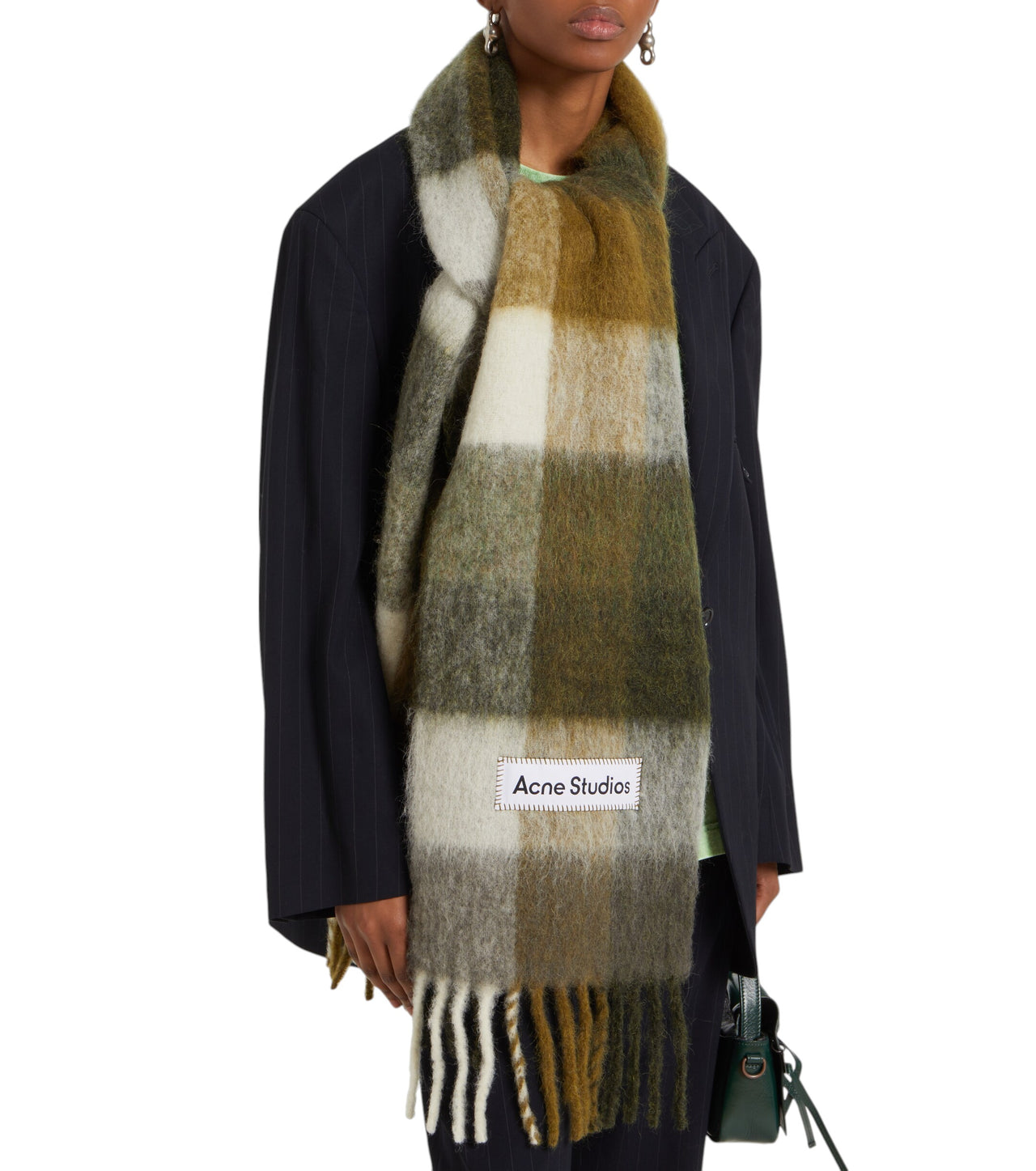 Acne Studios Checked Wool Fringe Scarf Taupe/Green/Black