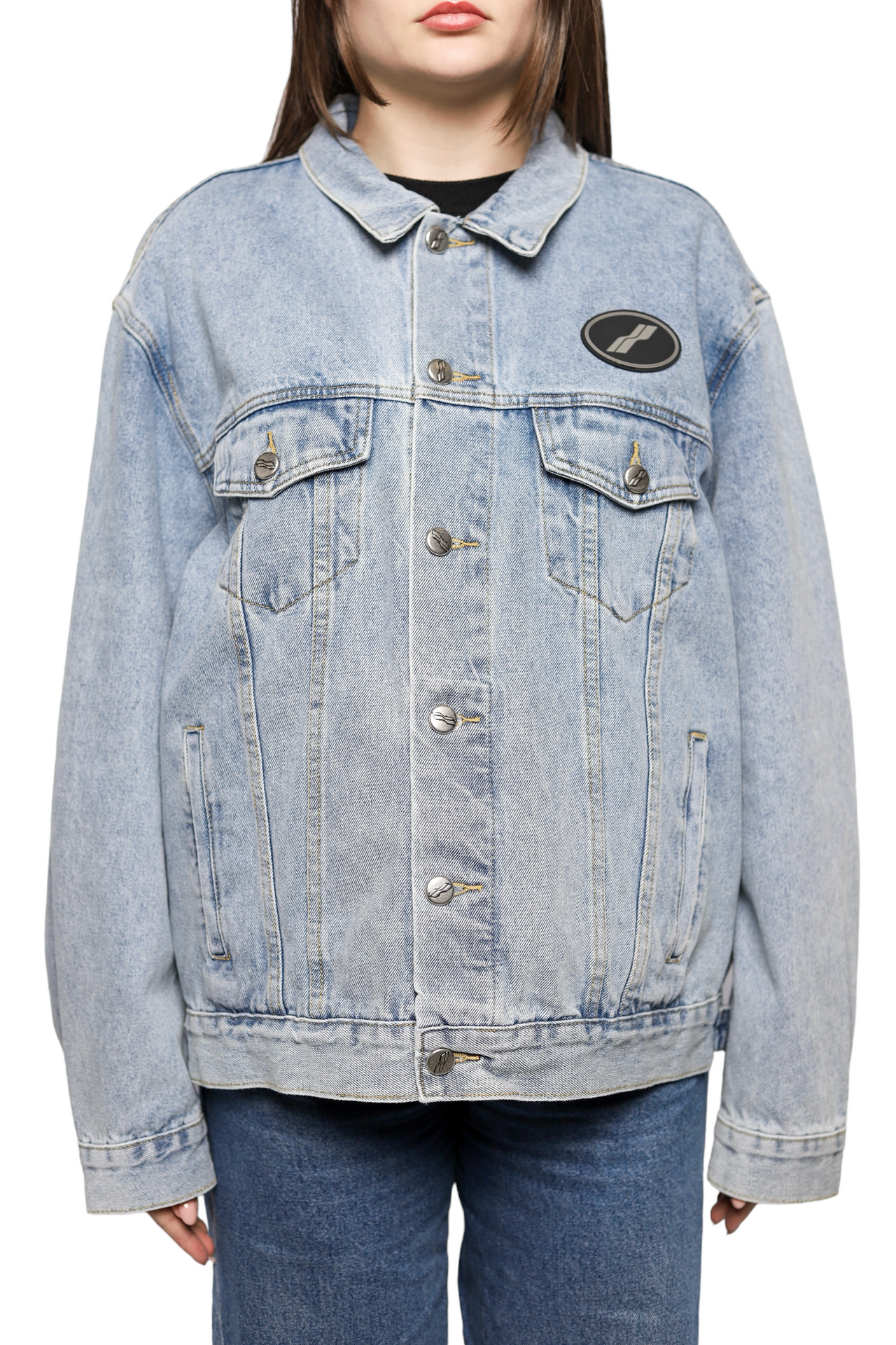 We11done logo-patch Oversized Denim Jacket Washed Blue