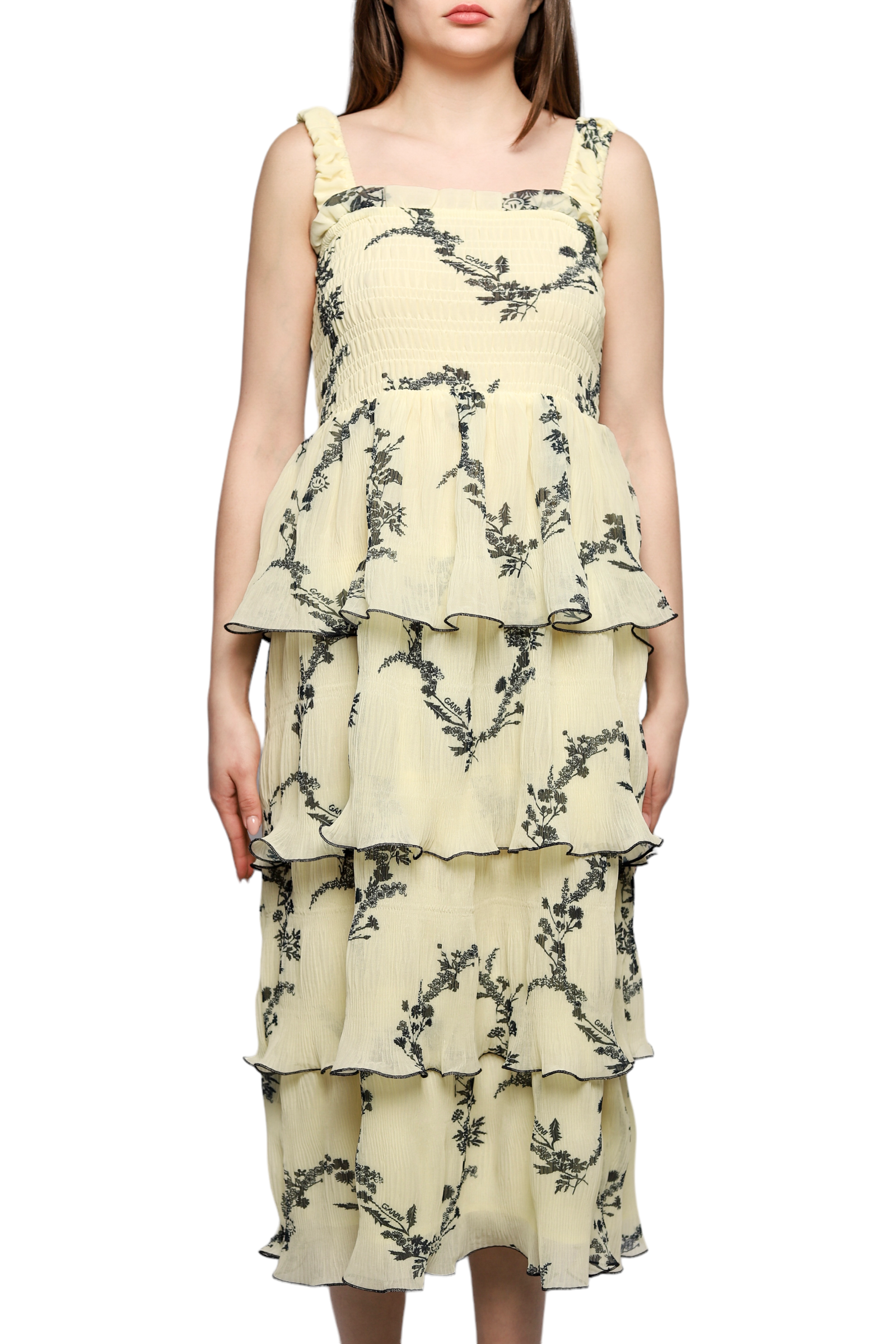 GANNI Floral Pleated Georgette Midi Dress Yellow SSTORIES GANNI Floral Pleated Georgette Midi Dress Yellow SSTORIES