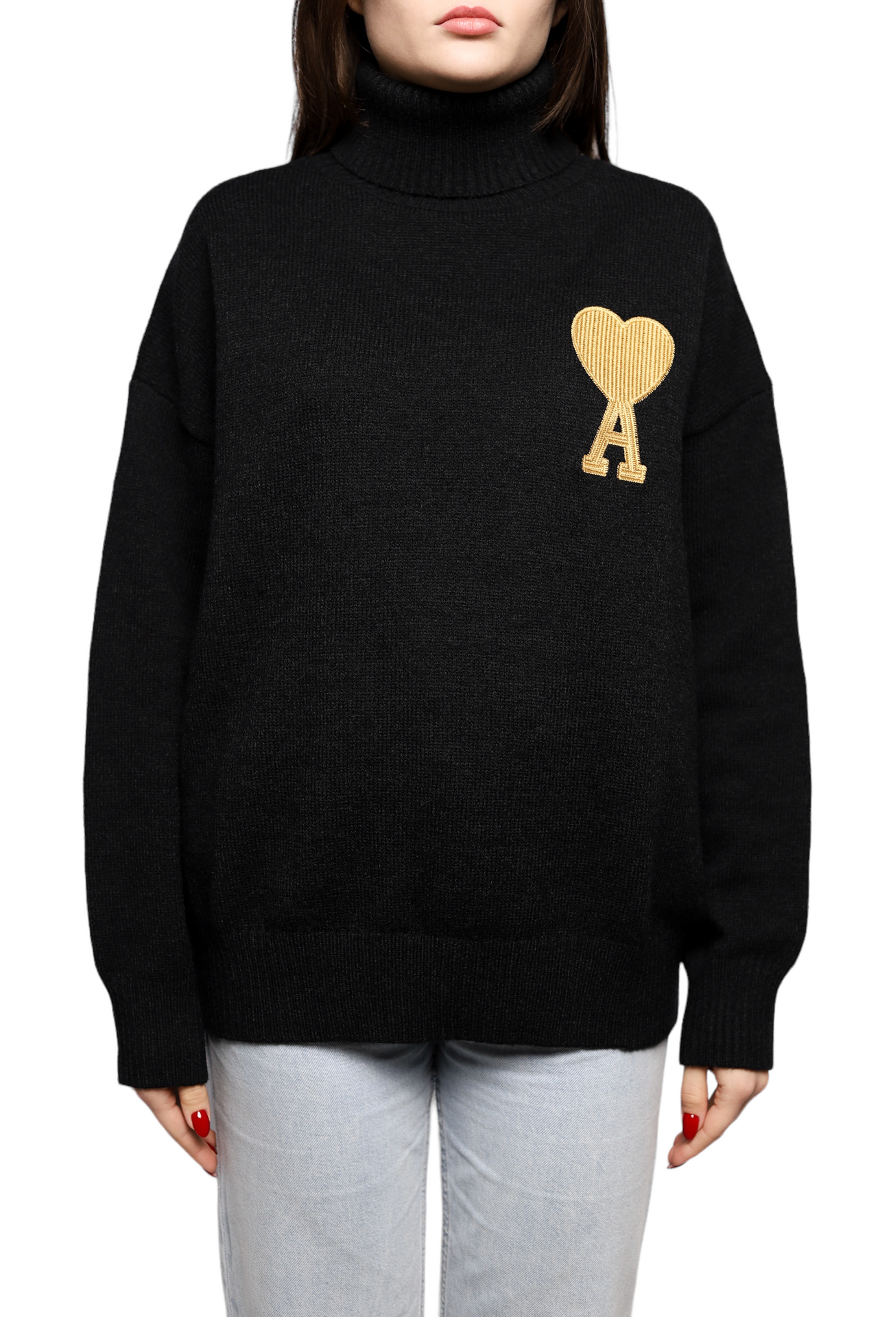 AMI Paris Ami de Coeur Lurex Funnel Neck Sweater Black