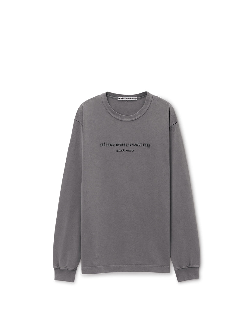 Alexander Wang Glitter Puff Logo Long-Sleeve Tee in Cotton Washed Granite