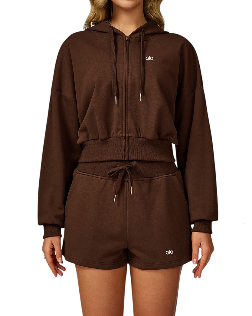 Alo Yoga Serenity Cropped Zip Hoodie Brown EWK20301-BR