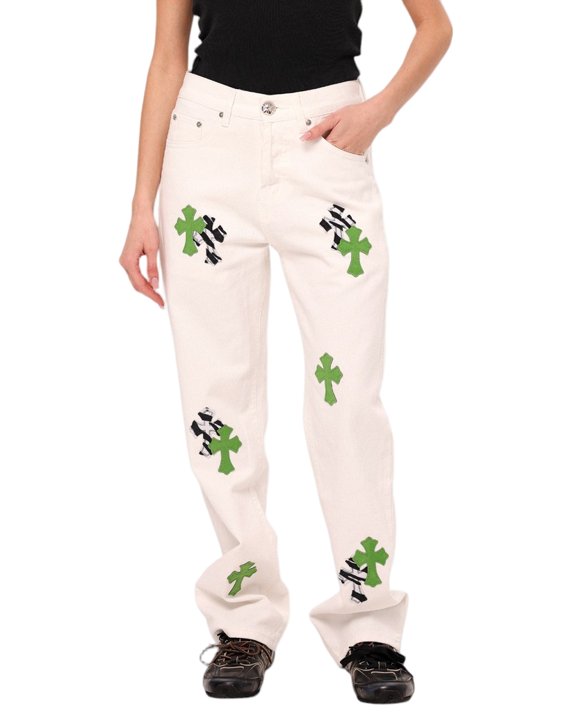 Chrome Hearts Jeans with Green and Black Cross White CH132-WT