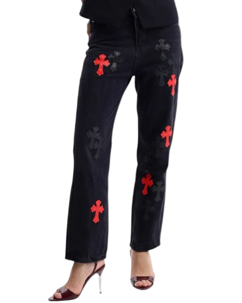 Chrome Hearts Jeans with Red and Tonal Cross Black CH128-BK