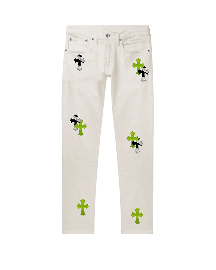 Chrome Hearts White Jeans with Neon Green & Zebra Cross Patches