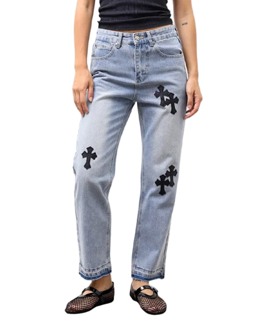 Chrome Hearts Jeans with Black Cross Light Blue CH127-LBL