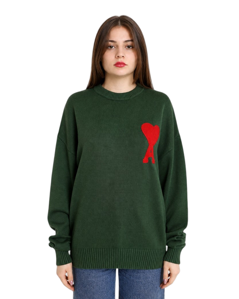 AMI Paris Ami De Coeur Oversize Sweater Green Red Heart