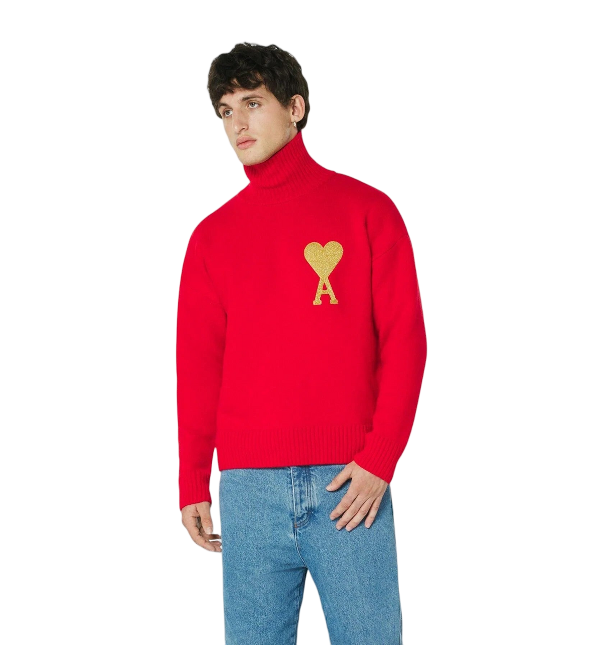 AMI Paris Ami de Coeur Lurex Funnel Neck Sweater Red