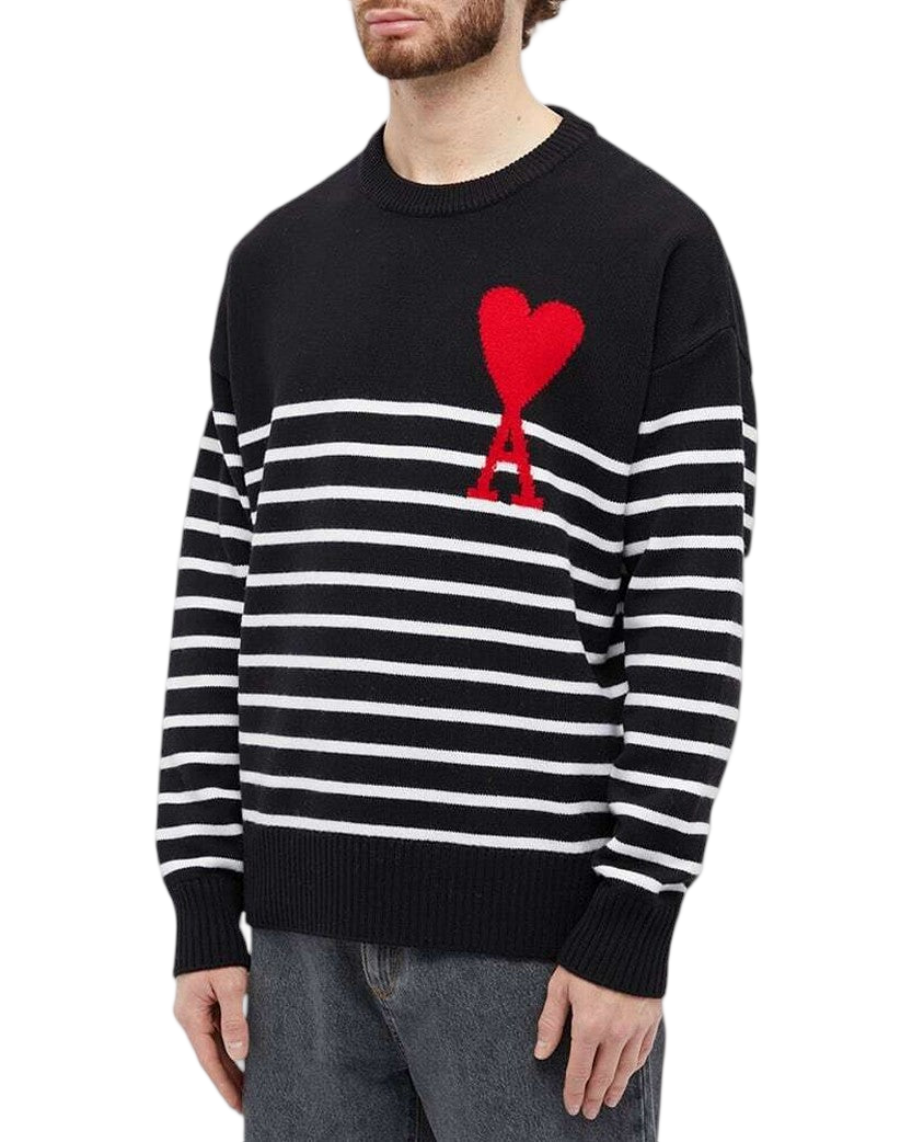AMI Paris Ami De Coeur Striped Cotton And Wool Sweater Black