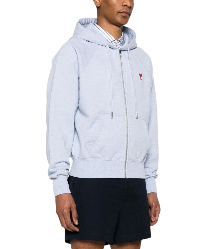 AMI Paris Ami De Coeur Small Logo Zipped Hoodie Heather Blue
