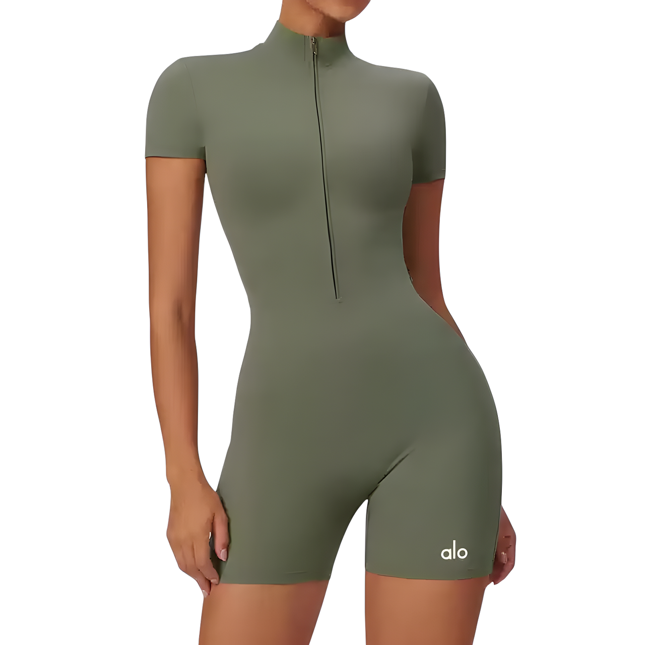 Alo Yoga Fitness Short Sleeve Short Jumpsuit Army Green