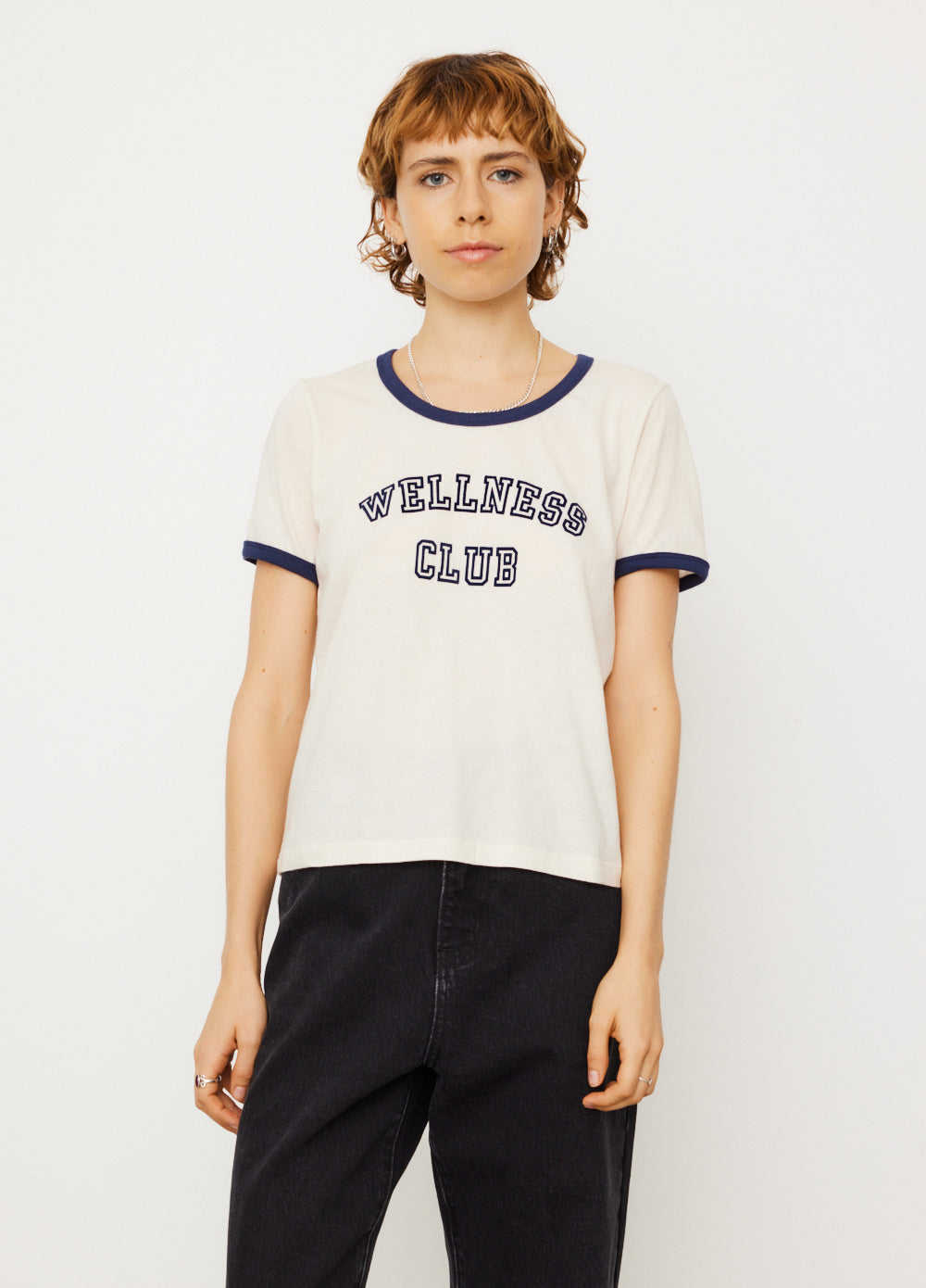 Sporty & Rich Wellness Club Ringer T-Shirt Cream/Navy