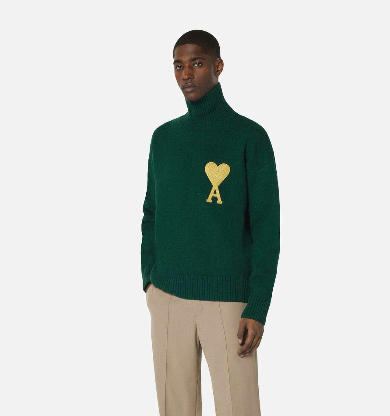 AMI Paris Ami de Coeur Lurex Funnel Neck Sweater Green