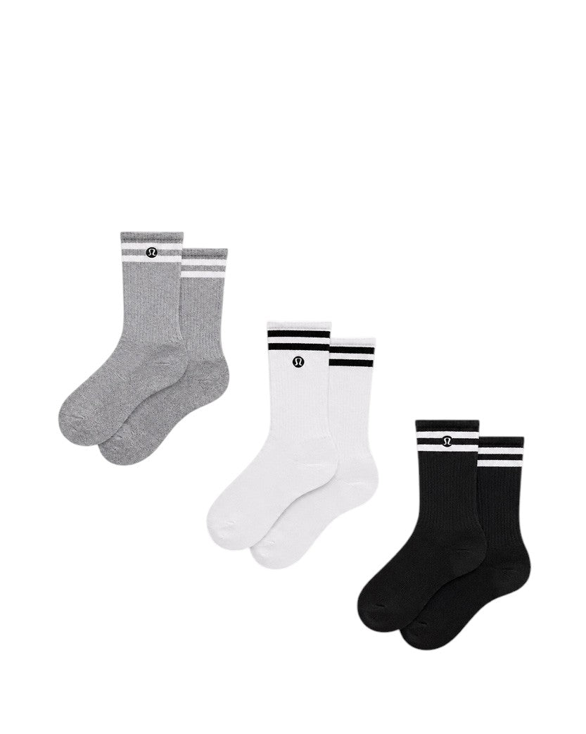Lululemon Unisex Daily Essential Crew Socks 3 Pack Stripe White/Light Grey/Black