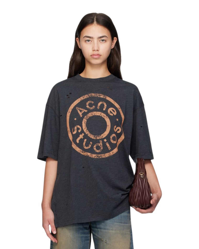Acne Studios Distressed Logo Print T-Shirt Black Melange