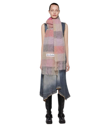Acne Studios Checked Wool Fringe Scarf Fuchsia/Lilac/Pink