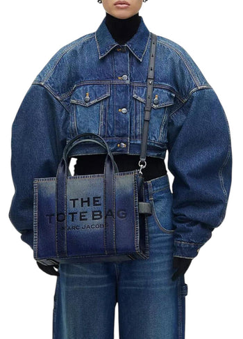 Marc Jacobs Denim Printed Leather Small Tote Bag Blue