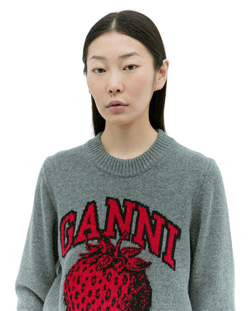 GANNI Graphic Strawberry O-neck Pullover Frost Gray