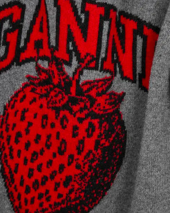 GANNI Graphic Strawberry O-neck Pullover Frost Gray