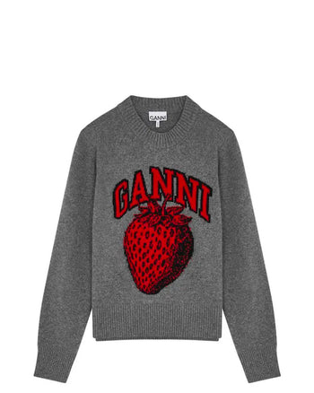 GANNI Graphic Strawberry O-neck Pullover Frost Gray