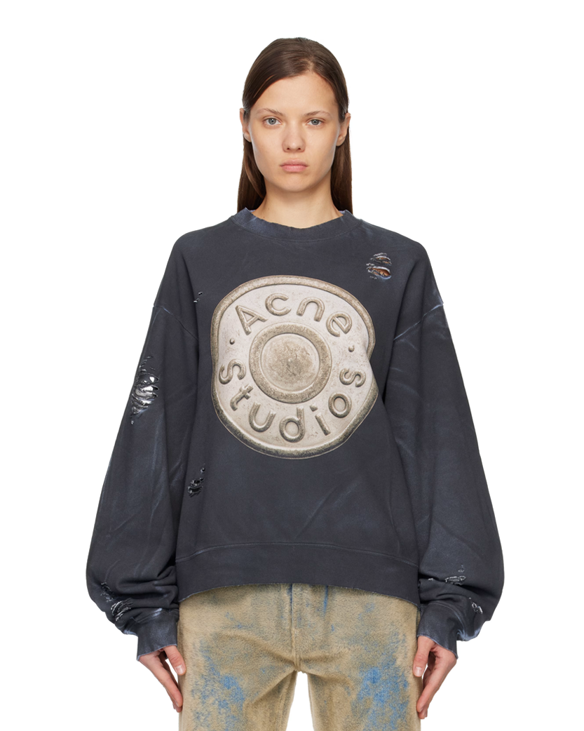 Acne Studios Button Logo Distressed Sweatshirt Black