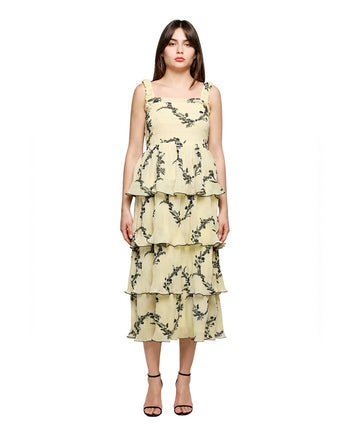 GANNI Floral Pleated Georgette Midi Dress Yellow
