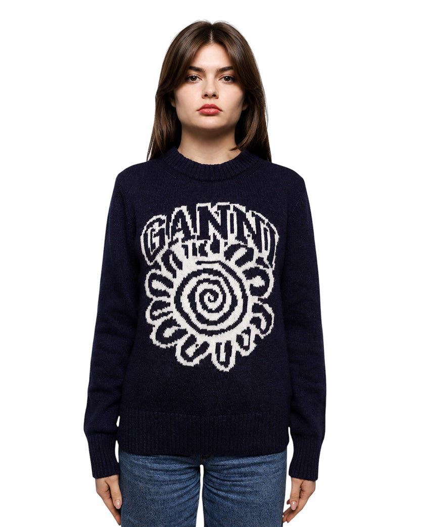 GANNI Graphic Flower O-neck Pullover Sky Captain