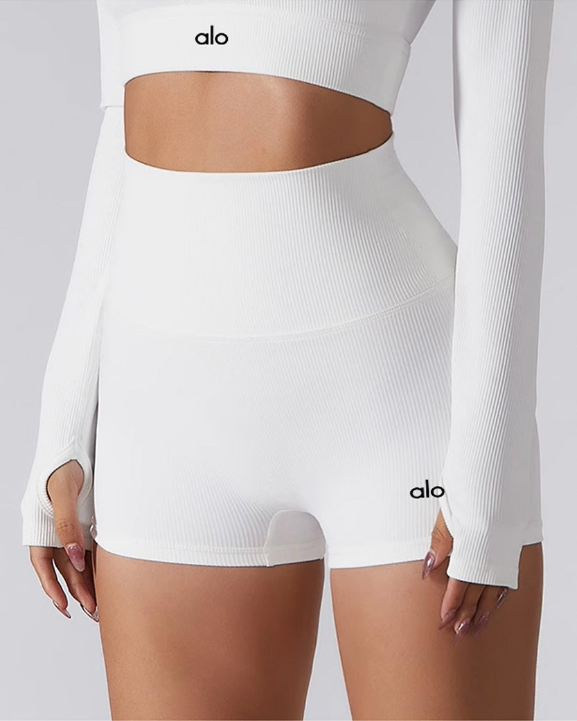 Alo Yoga Tight Fitting Ribbed Shorts White 001-WT