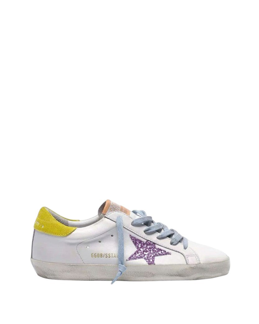 Golden Goose Superstar Sneakers With Pink Glittery Star and Yellow