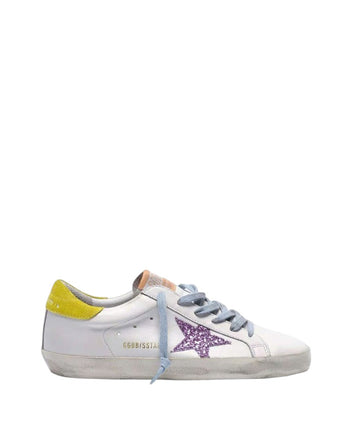 Golden Goose Superstar Sneakers With Pink Glittery Star and Yellow