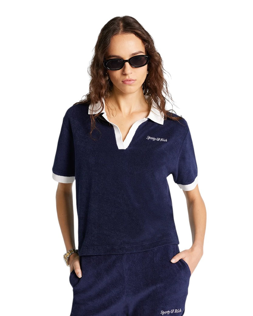 Sporty & Rich Italic Logo Terry Polo Navy/White