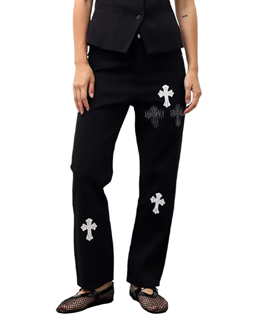 Chrome Hearts Jeans with White and Black Cross Black CH130-BK
