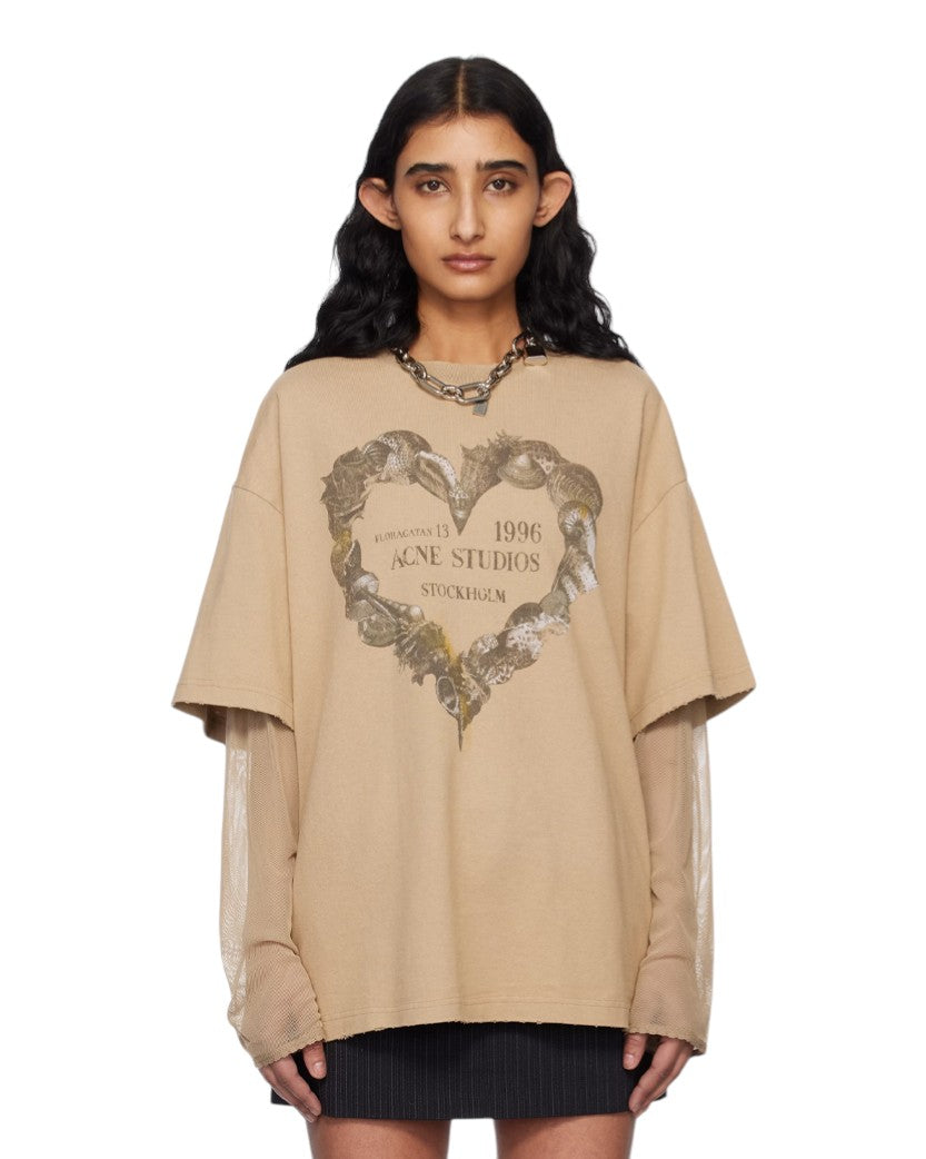 Acne Studios Floragatan Layered Print T-Shirt Sand Beige