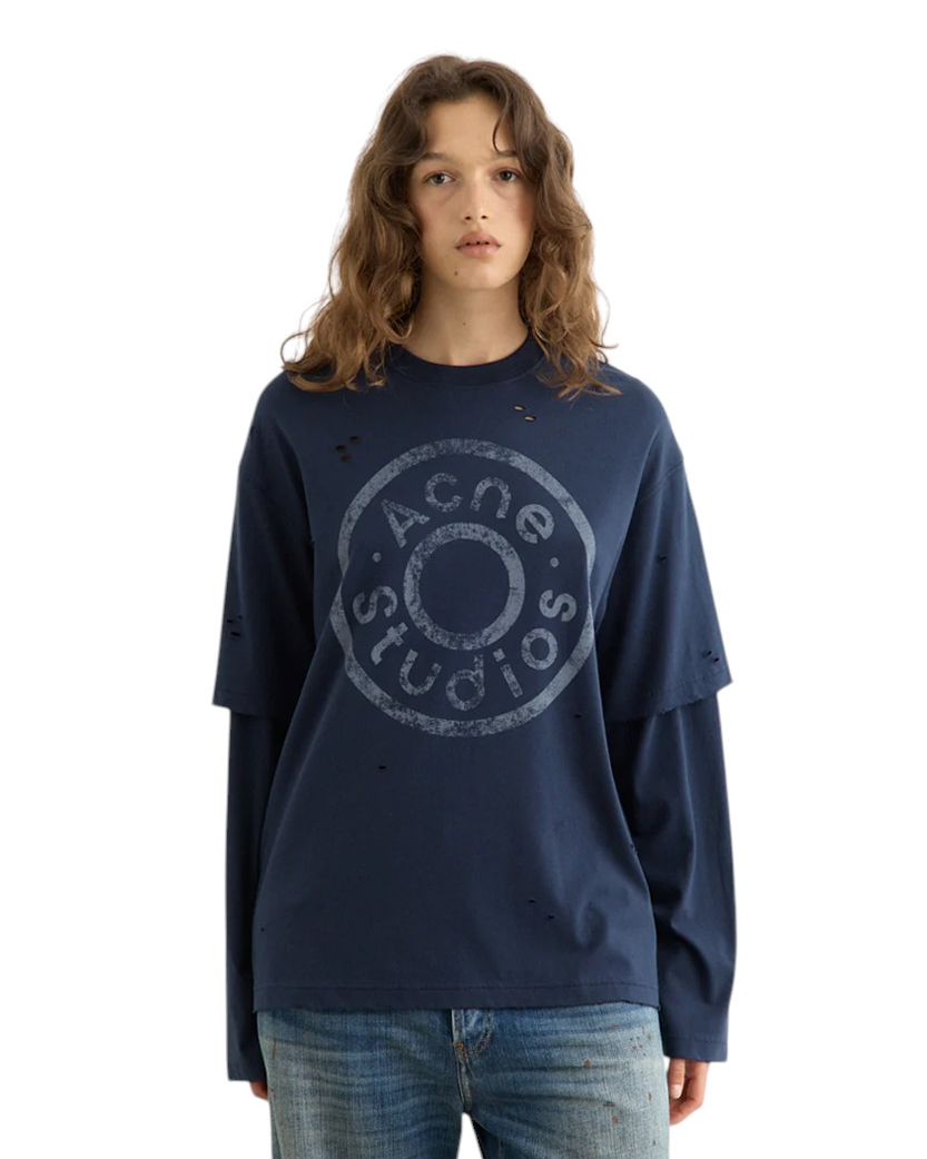 Acne Studios Distressed Logo Print Layered Long Sleeve Dark Navy