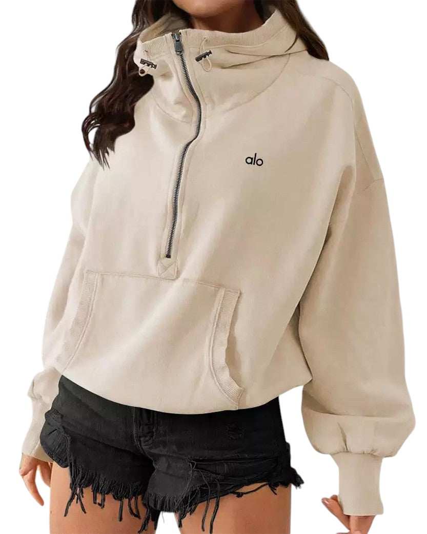 Alo Yoga Half Zip Crop Hoodie Beige