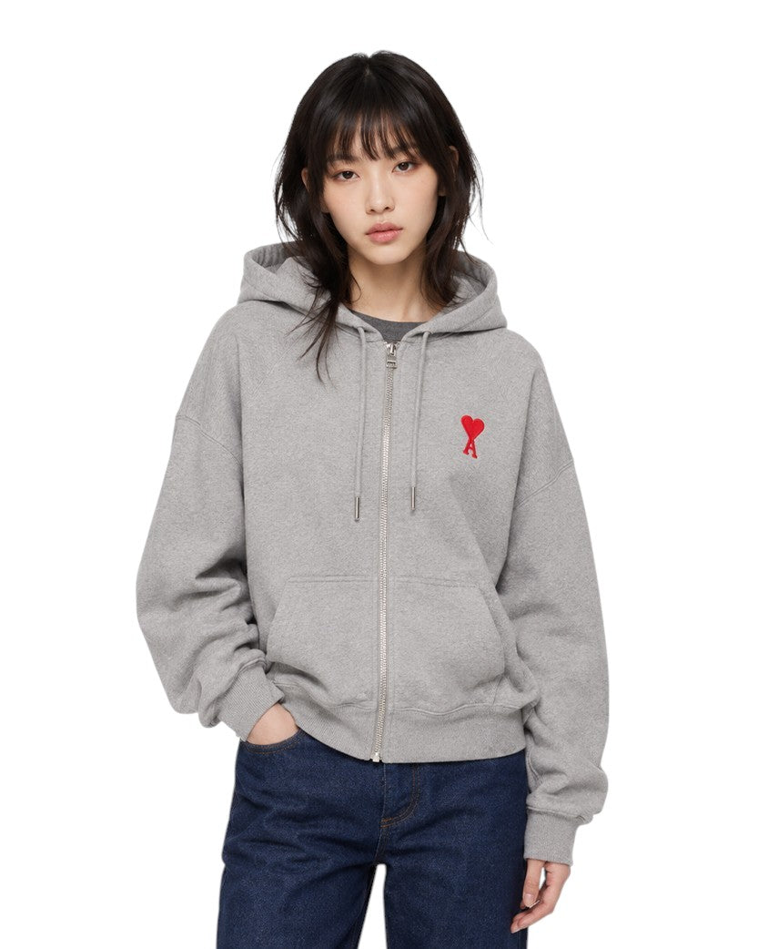AMI Paris Ami De Coeur Zipped Hoodie Grey