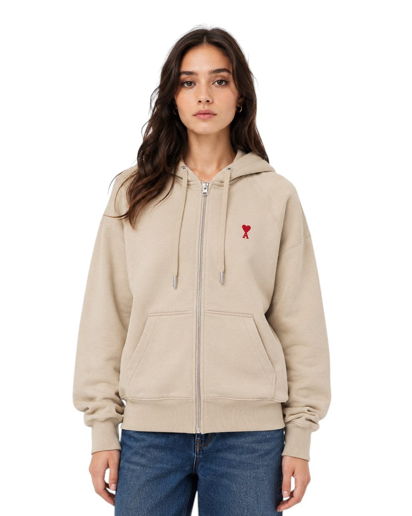 AMI Paris Ami De Coeur Zipped Hoodie Beige